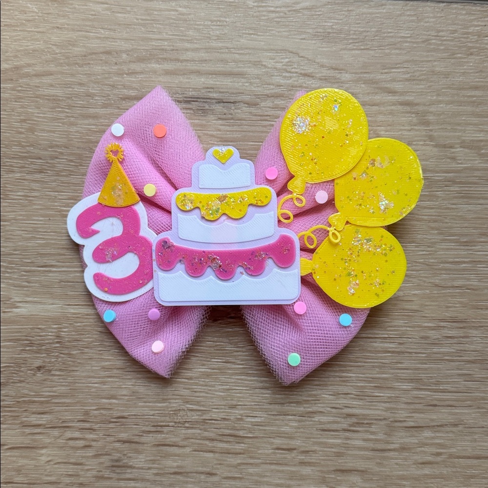 Pink Birthday Bow with Cake and Balloons